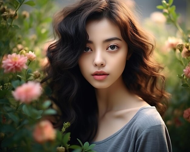 Foto retrato de belleza de una joven asiática en un jardín en flor