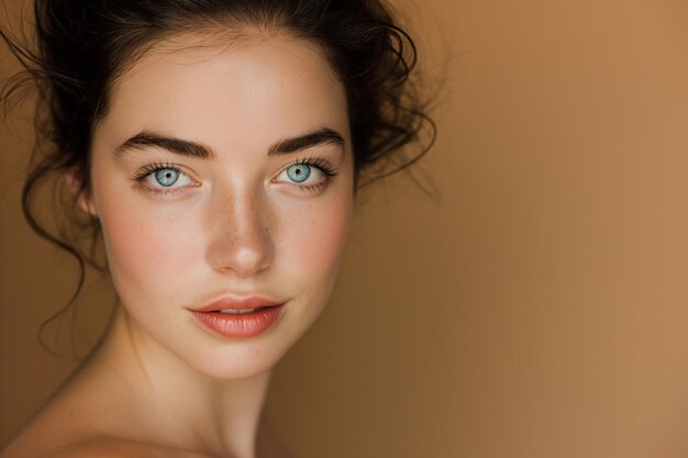 Retrato de belleza de una joven atractiva mujer morena con maquillaje natural sobre un fondo beige