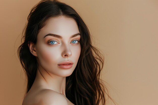 Retrato de belleza de una joven atractiva mujer morena con maquillaje natural sobre un fondo beige