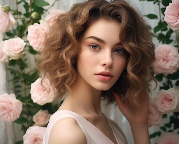 Foto retrato de belleza de una joven rubia sobre un fondo de rosas rosas