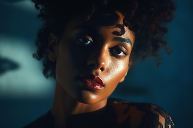 Retrato de belleza de una mujer afroamericana con piel limpia y saludable sobre un fondo azul.