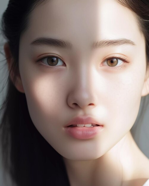 Retrato de la belleza de la mujer asiática brillo natural de la piel de primer plano facial