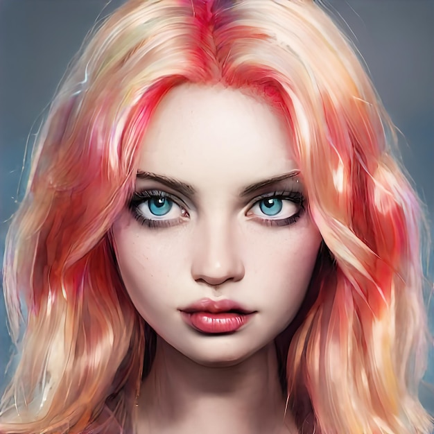 Retrato de belleza mujer cabello de color rosa Hermosa niña de cabello teñido rubio rosa Primer plano de la cara hermosa ilustración de maquillaje