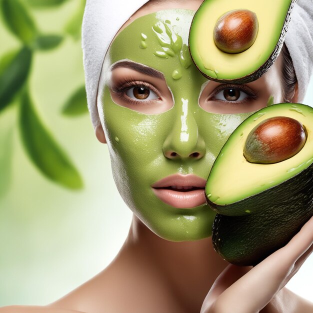 Foto retrato de belleza mujer cuidado de la piel salud máscara de aguacate fondo blanco de cerca máscara cosmética