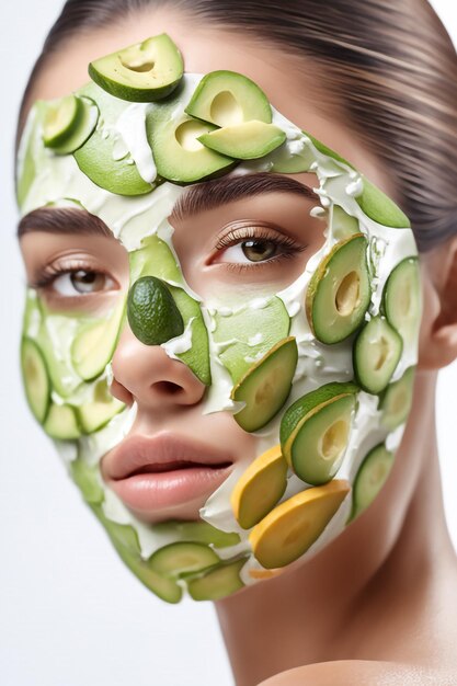 Foto retrato de belleza mujer cuidado de la piel salud máscara de aguacate fondo blanco de cerca máscara cosmética