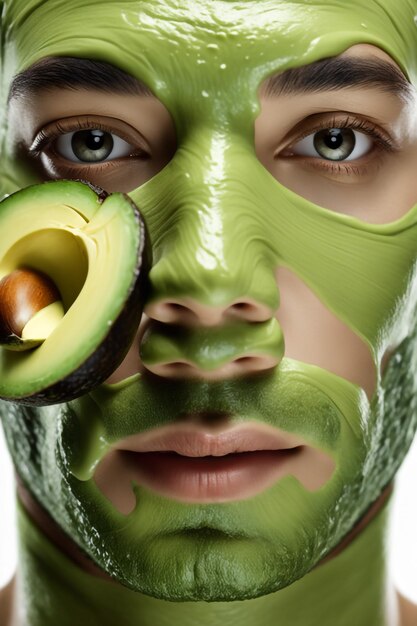 retrato de belleza mujer cuidado de la piel salud máscara de aguacate fondo blanco de cerca máscara cosmética