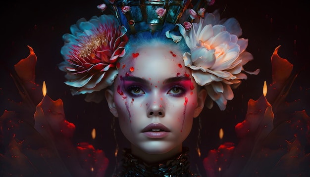 Retrato de belleza de una mujer diosa reina en flores Estilo gótico de la princesa de la primavera Maquillaje de color brillante de la cara y los ojos pétalos de flores