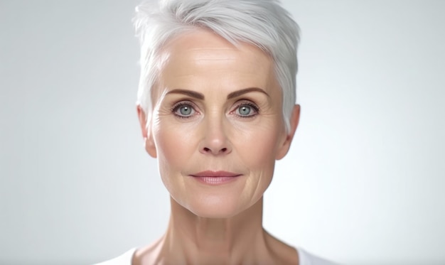 Foto retrato de belleza de mujer rubia sonriente riendo 40 años cara limpia y fresca aislada sobre fondo blanco