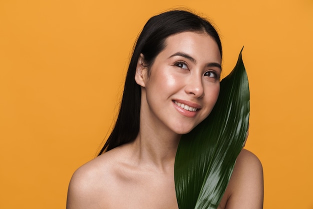 Retrato de la belleza de la mujer semidesnuda morena joven caucásica sonriendo y sosteniendo la hoja verde aislada sobre la pared amarilla