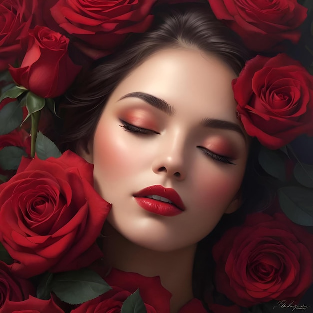 retrato de belleza natural mujeres rodeadas de rosas rojas
