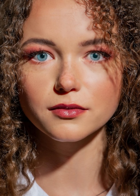 Retrato de belleza de una niña con cabello rizado de cerca La niña con ojos azules