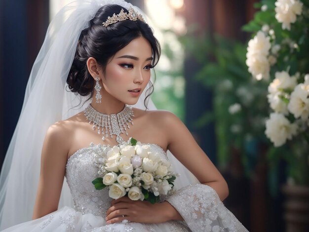 Retrato de belleza de la novia de belleza asiática con vestido de novia de moda de lujo con anillo de diamantes