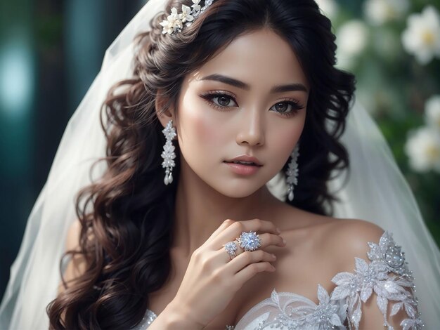 Retrato de belleza de la novia de belleza asiática con vestido de novia de moda de lujo con anillo de diamantes