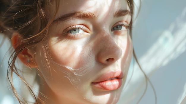 Retrato de belleza en primer plano de una mujer joven sana aplicando un producto de cuidado facial a su piel