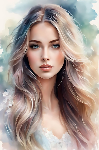 Retrato de belleza radiante de una mujer impresionante con colores de cabello vibrantes que fluyen