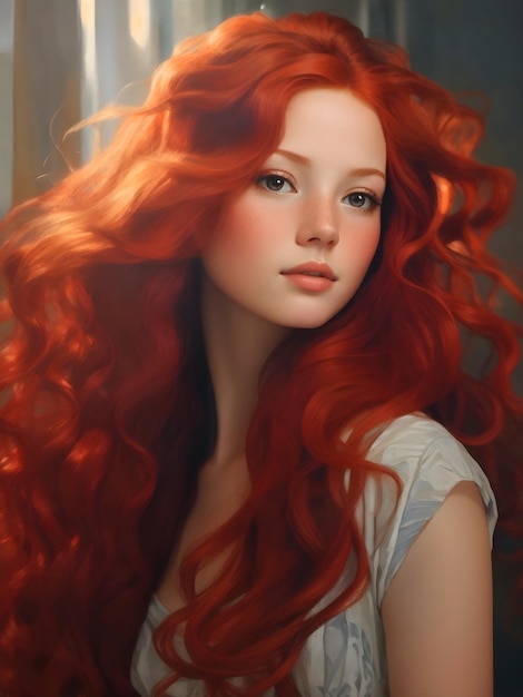 Retrato de belleza radiante de una niña con el pelo largo y rojo