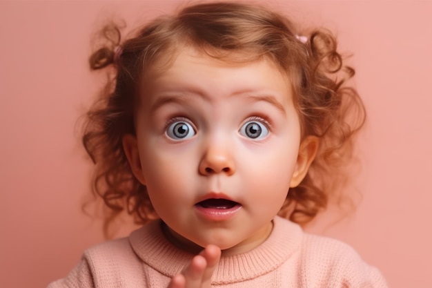 Retrato belo e realista de uma criança surpresa, bonita e pequena, sobre um fundo rosa, olhando para a câmera, apontando as mãos para o lado esquerdo, anunciando produtos infantis.