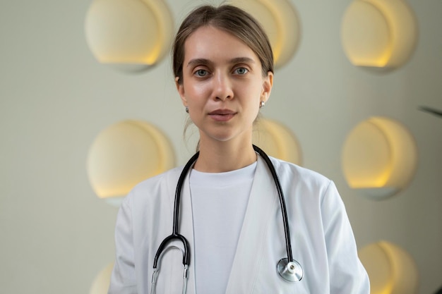 Retrato bem sucedido de uma médica com um estetoscópio um médico de casaco branco olha para o