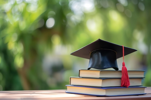 Retrato de un birrete de graduación sobre libros sobre una superficie de madera con un fondo natural borroso IA generativa