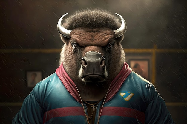 Retrato de bisonte en chándal y guantes de boxeo alrededor de su cuello ai generativo