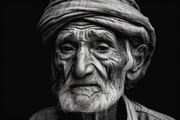 Retrato en blanco y negro de un anciano barbudo pensativo Generativo Ai