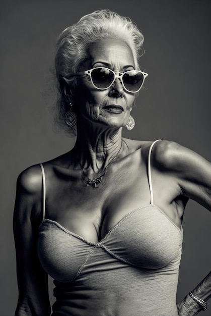 Retrato en blanco y negro de una atractiva mujer mayor delgada posando Ai generado