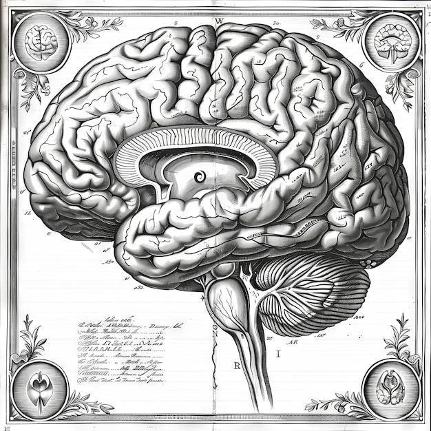 retrato en blanco y negro del cerebro en el estilo de grabado detallado redondeado punteado gris claro espacial IA generativa