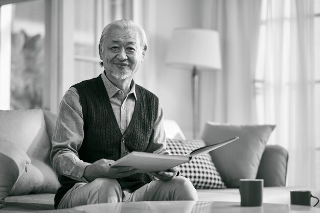 Foto retrato en blanco y negro de un feliz anciano asiático leyendo un libro en casa