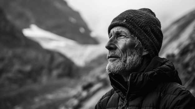 Un retrato en blanco y negro de la guía mirando hacia la distancia como si contemplando el