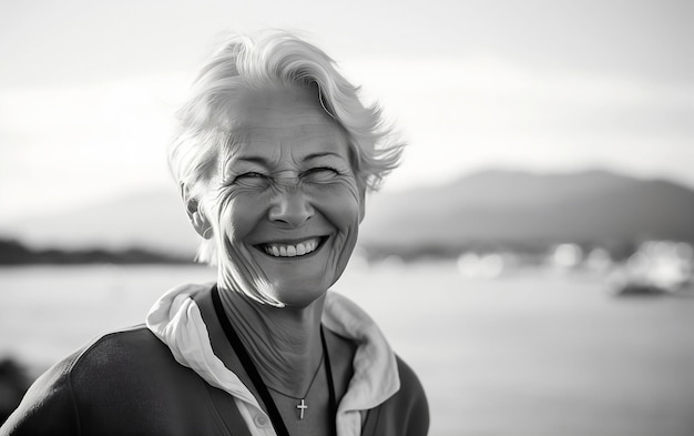 Retrato en blanco y negro de una hermosa anciana sonriente en el fondo del mar