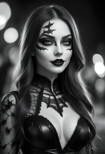 Retrato en blanco y negro de una hermosa chica con maquillaje de Halloween