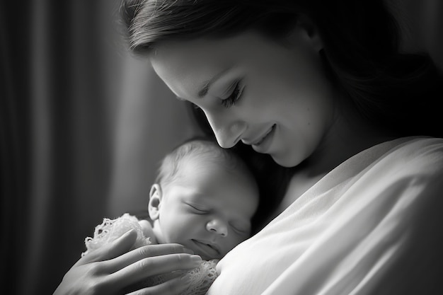 Retrato en blanco y negro de una hermosa madre con su bebé recién nacido IA generativa
