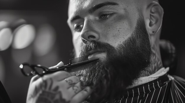 Foto retrato en blanco y negro de un hombre que se corta la barba con tijeras y peine por un barbero