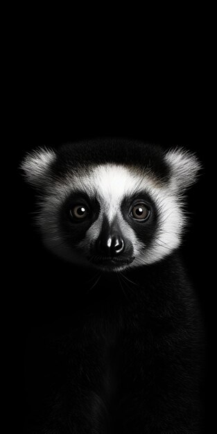 Foto retrato en blanco y negro de un lémur de cola anillada sobre un fondo negro