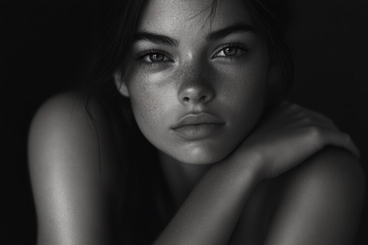 Retrato en blanco y negro de una mujer con los brazos cruzados