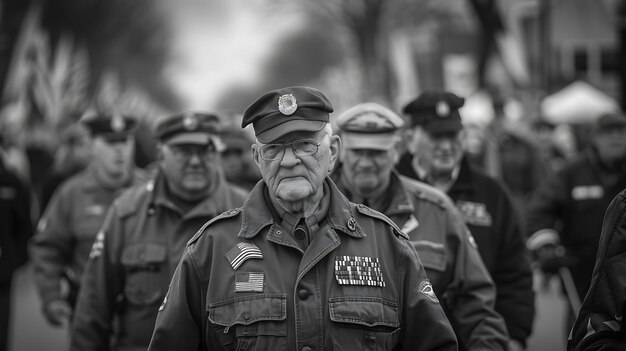 Foto un retrato en blanco y negro de un viejo veterano canoso con una gorra militar y una chaqueta adornada con medallas y alfileres