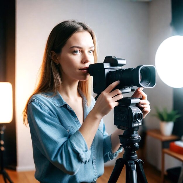 Foto retrato de una bloguera grabando un video en su casa