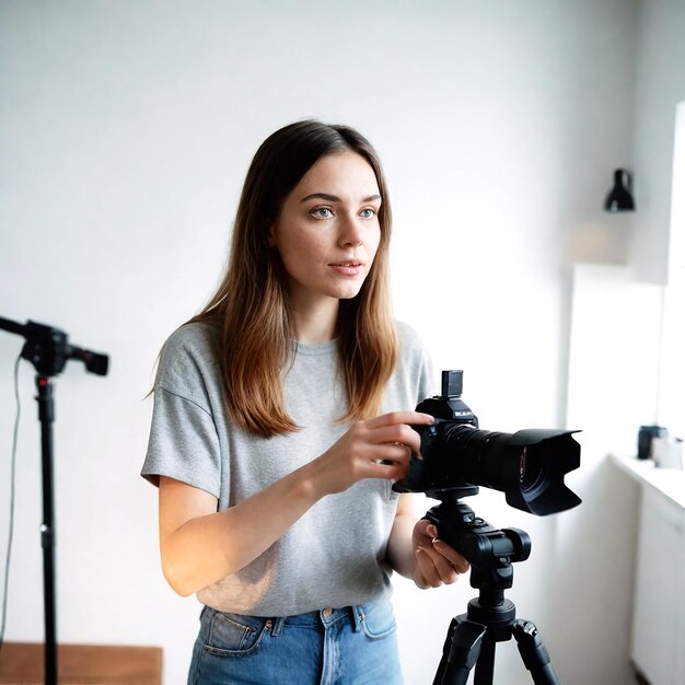 Retrato de una bloguera grabando un video en su casa