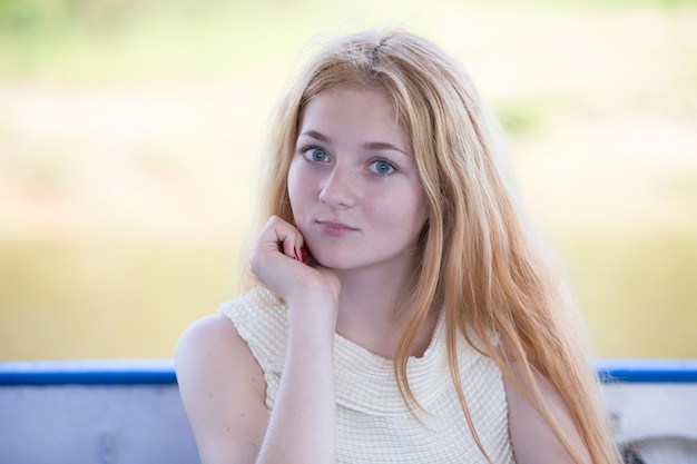 retrato, de, un, blueeyed, mujer joven