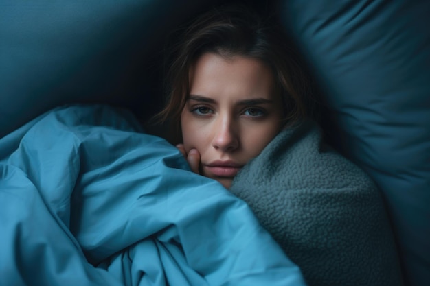 Retrato de blues de lunes Una imagen que representa la tristeza del lunes azul cuando una mujer se aferra a una almohada ahogada en los tonos azules del día más desalentador del año