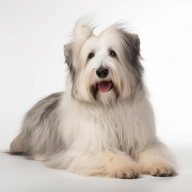 Retrato bobtail de raça de cachorro fofo branco e fofo isolado em animal de estimação branco incomum