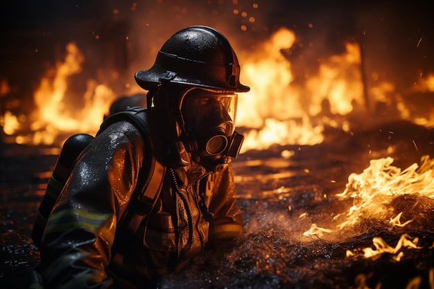 Retrato de un bombero en acción con fuego en el fondo