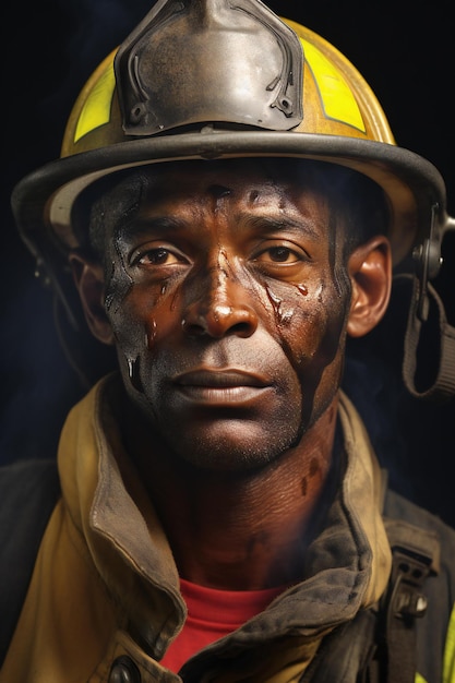 Retrato de un bombero con casco y uniforme en el humo