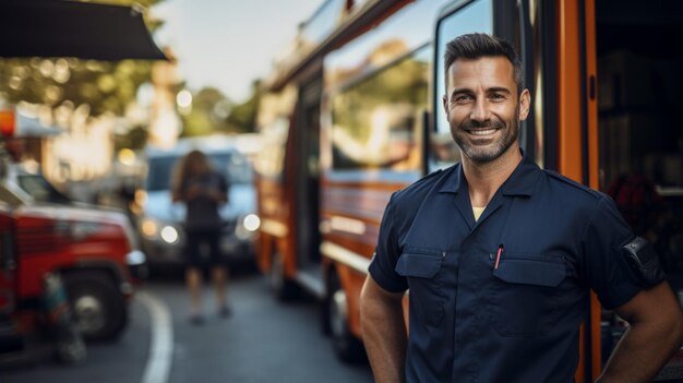 Retrato de un bombero frente a un camión de bomberos