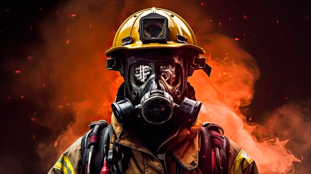 Foto retrato de un bombero con una máscara antigás y un casco ia generativa