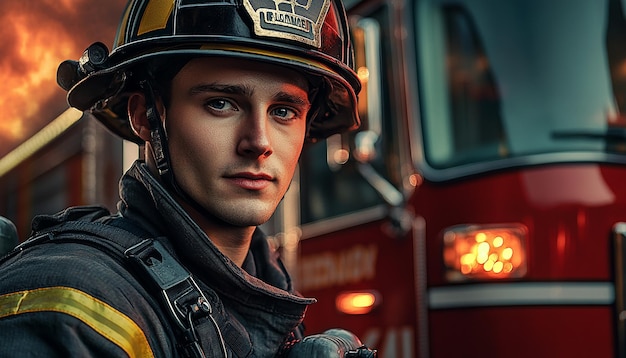 Retrato de un bombero de pie orgullosamente al lado de un camión de bomberos