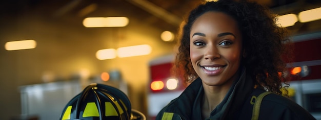 Retrato de un bombero en servicio Foto de una mujer bombero cerca de un coche de bomberos