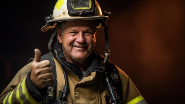 Retrato de bombero en servicio con el pulgar hacia arriba