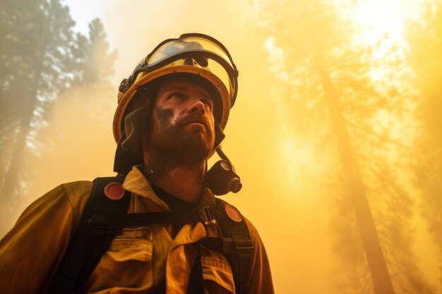 Foto retrato de un bombero con el telón de fondo de un bosque en llamas