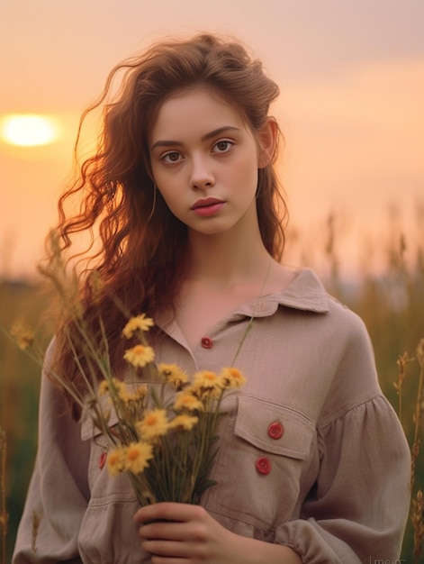 Retrato de una bonita adolescente con chaqueta vaquera posando con un gran ramo amarillo de aut IA generativa